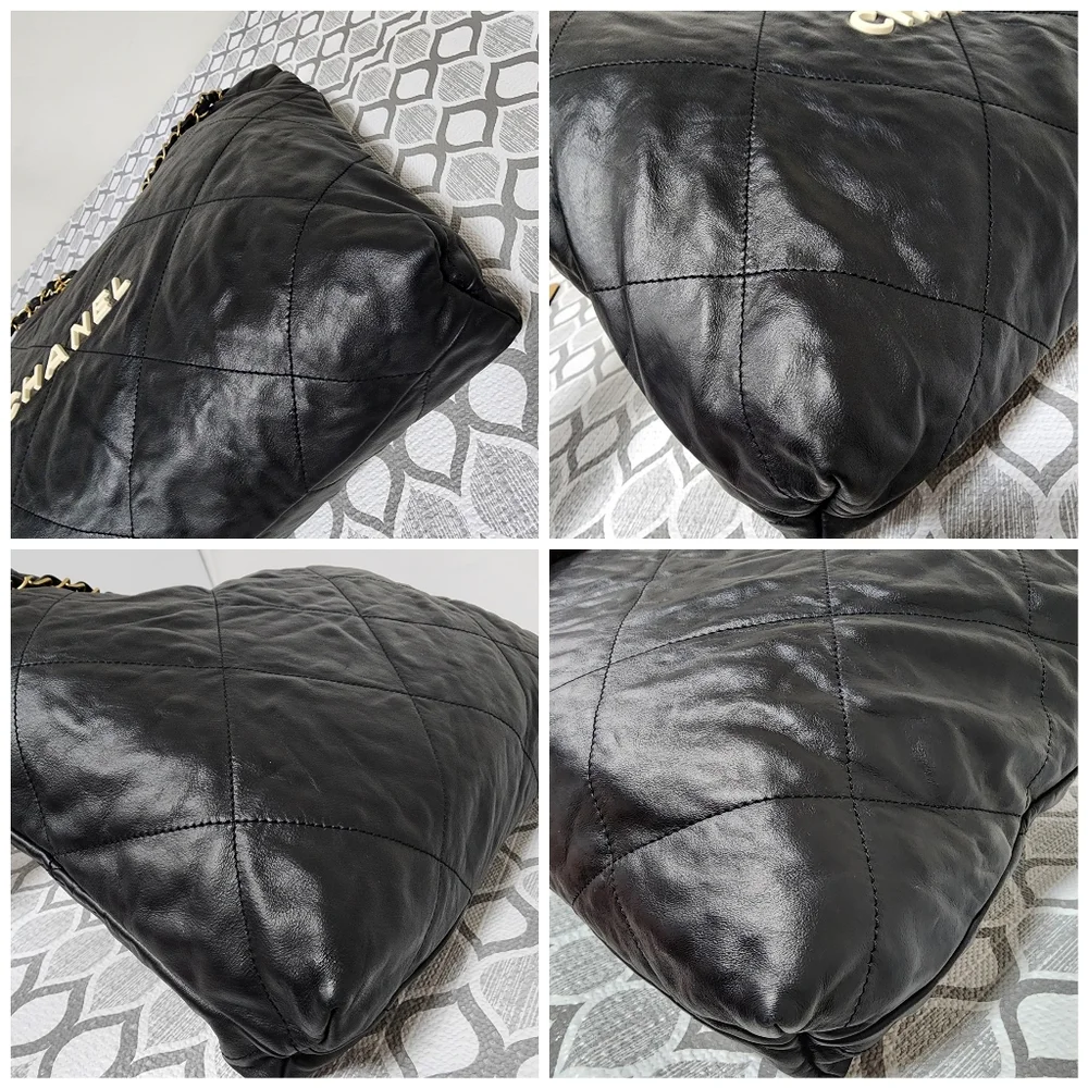 CHANEL Quilted Shiny Calfskin Leather 22 Hobo Bag Black